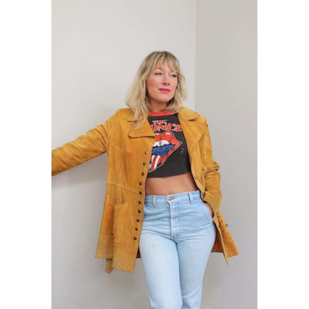 1960's Vintage Rough Mustard Suede Leather Jacket ~ Women's MD LG ~ Men's MD - Picture 3 of 10